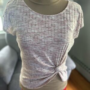 W5 White, Pink, Tan Ribbed knot-front Top